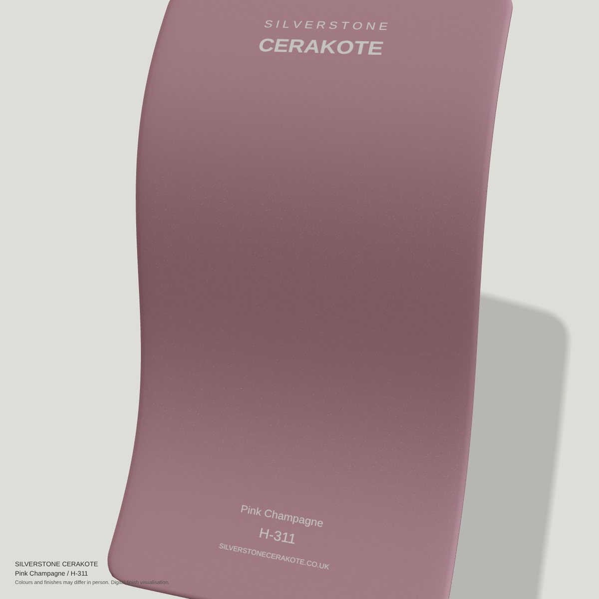 Pink Champagne H-311 Cerakote finish on a Silverstone Cerakote sample swatch (digital visualisation)