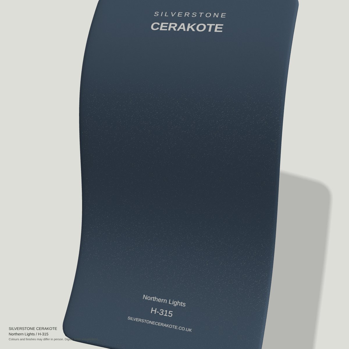 Northern Lights H-315 Cerakote finish on a Silverstone Cerakote sample swatch (digital visualisation)