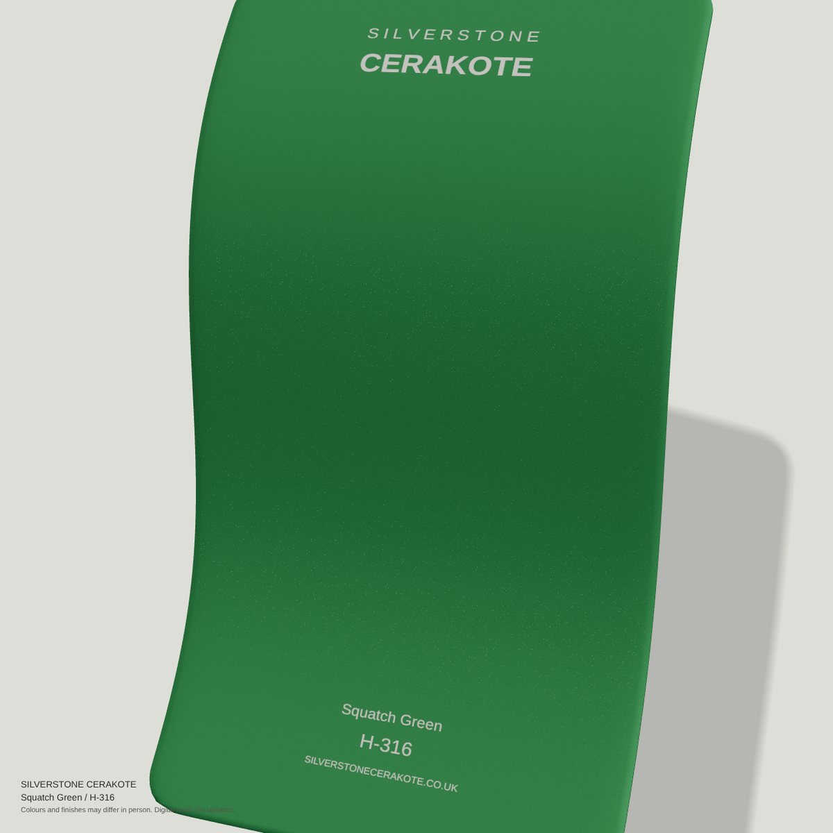 Squatch Green H-316 Cerakote finish on a Silverstone Cerakote sample swatch (digital visualisation)