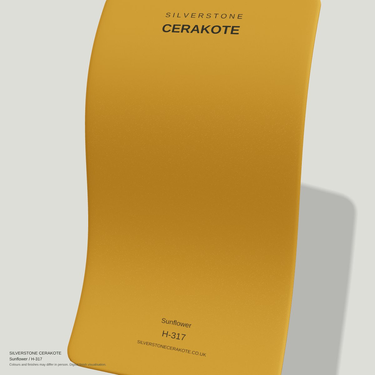 Sunflower H-317 Cerakote finish on a Silverstone Cerakote sample swatch (digital visualisation)