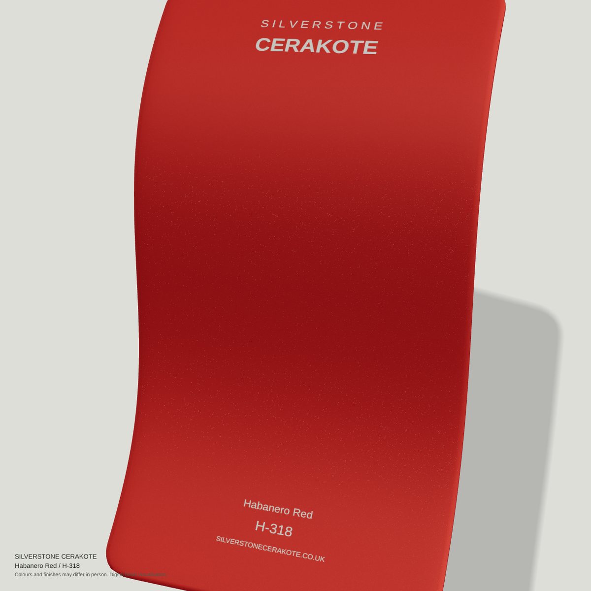 Habanero Red H-318 Cerakote finish on a Silverstone Cerakote sample swatch (digital visualisation)