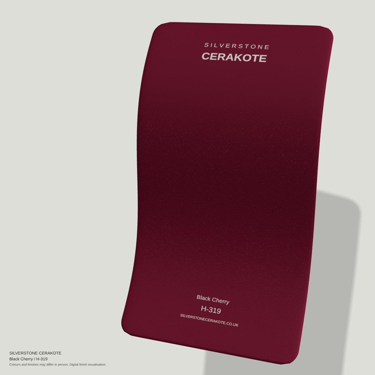 Black Cherry H-319 Cerakote finish on a Silverstone Cerakote sample swatch (digital visualisation)