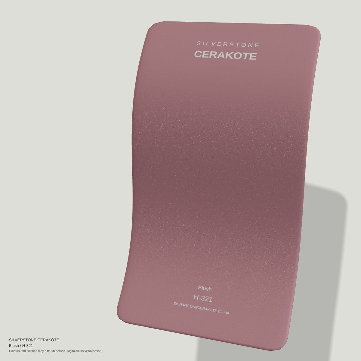 Blush H-321 Cerakote finish on a Silverstone Cerakote sample swatch (digital visualisation)