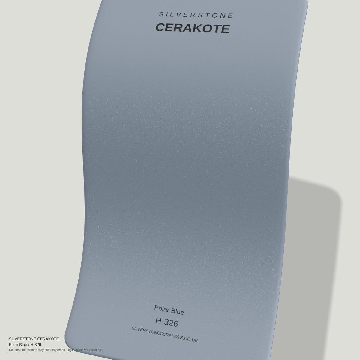 Polar Blue H-326 Cerakote finish on a Silverstone Cerakote sample swatch (digital visualisation)