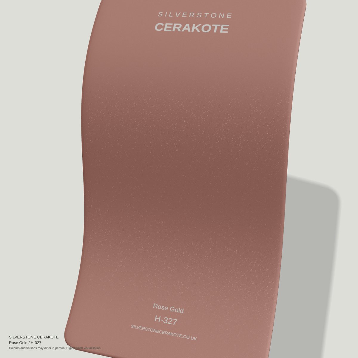 Rose Gold H-327 Cerakote finish on a Silverstone Cerakote sample swatch (digital visualisation)