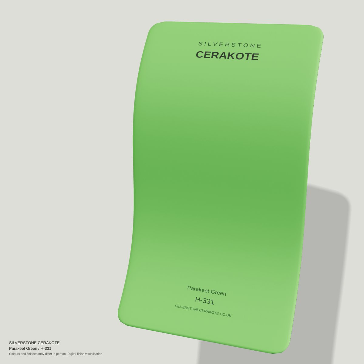 Parakeet Green H-331 Cerakote finish on a Silverstone Cerakote sample swatch (digital visualisation)