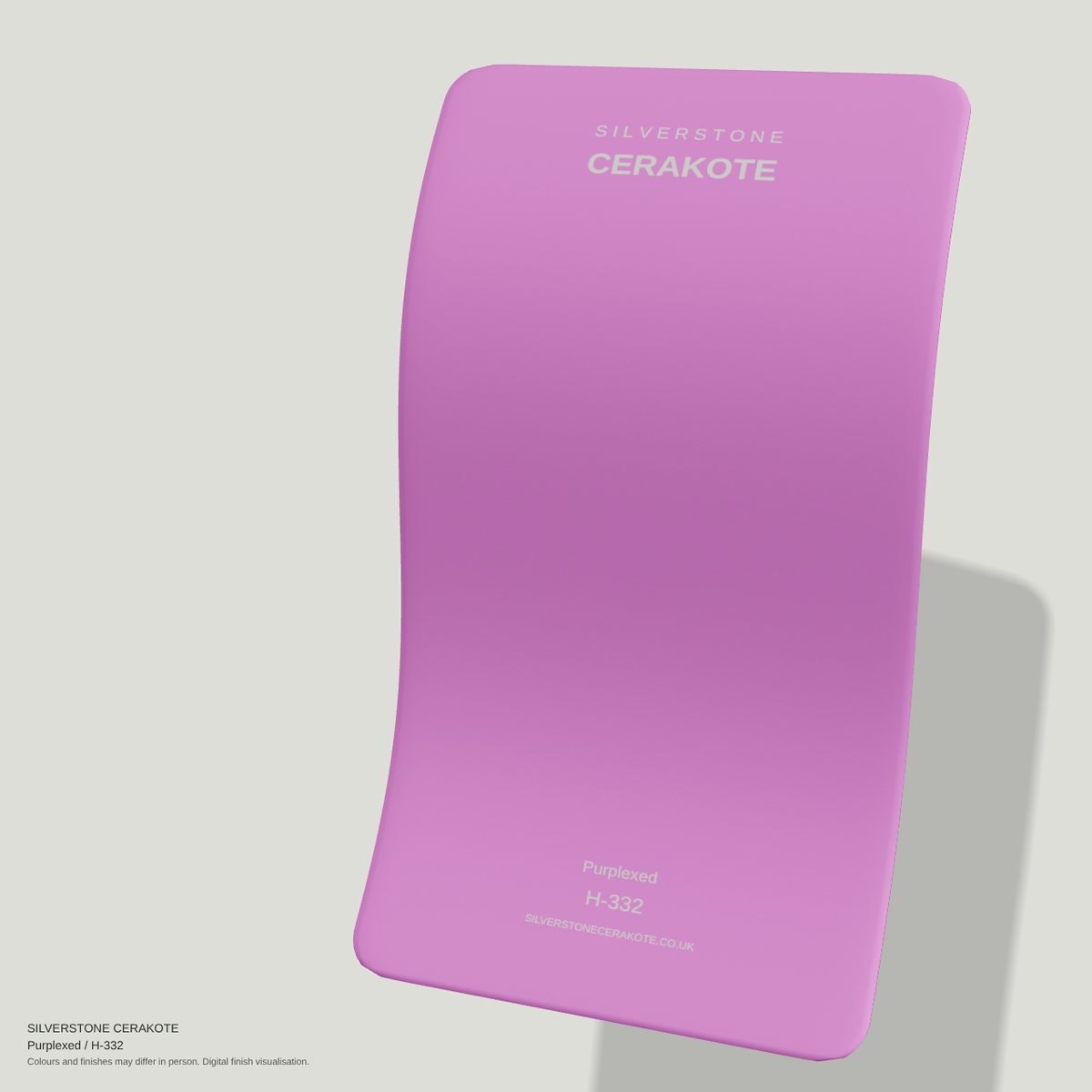 Purplexed H-332 Cerakote finish on a Silverstone Cerakote sample swatch (digital visualisation)