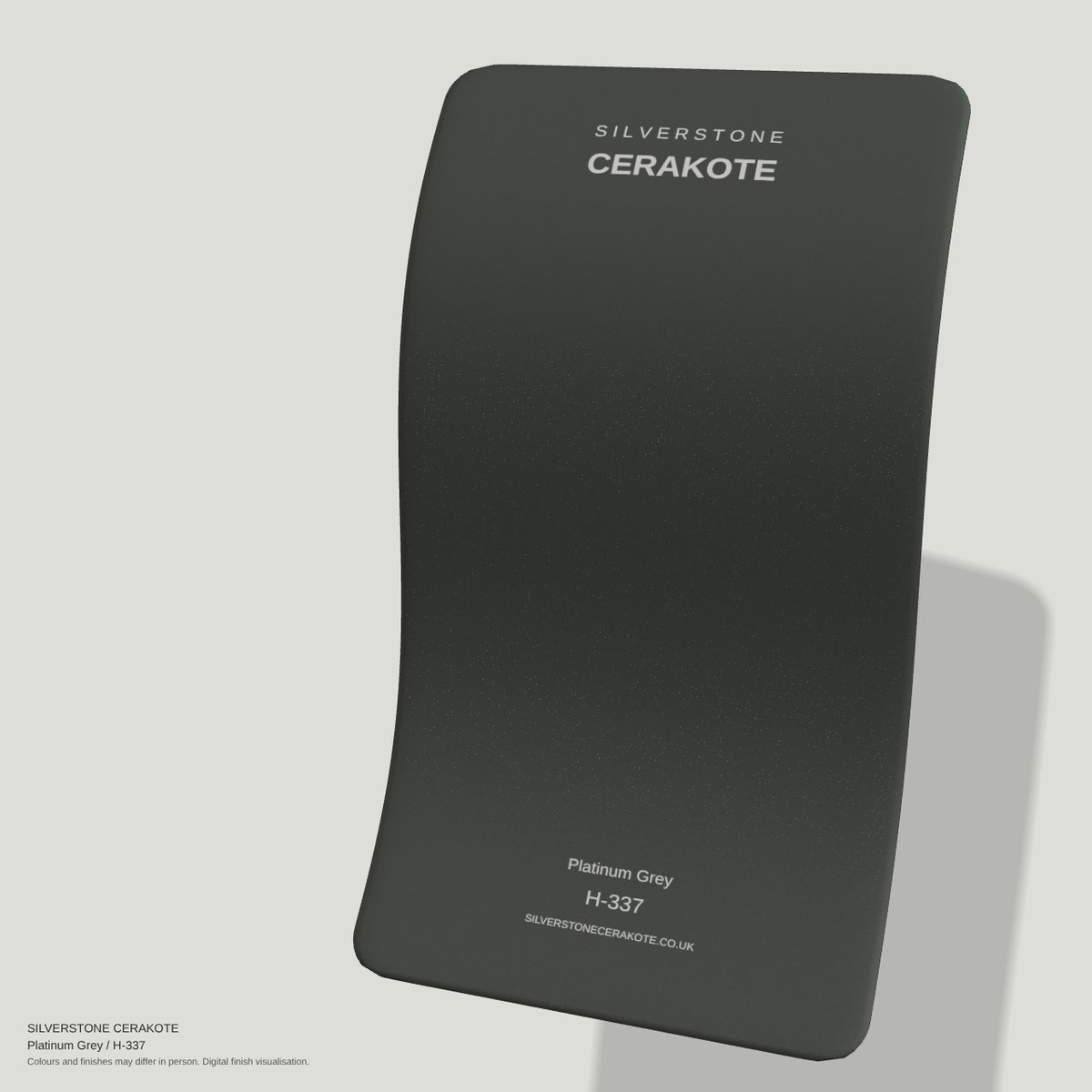 Platinum Grey H-337 Cerakote finish on a Silverstone Cerakote sample swatch (digital visualisation)