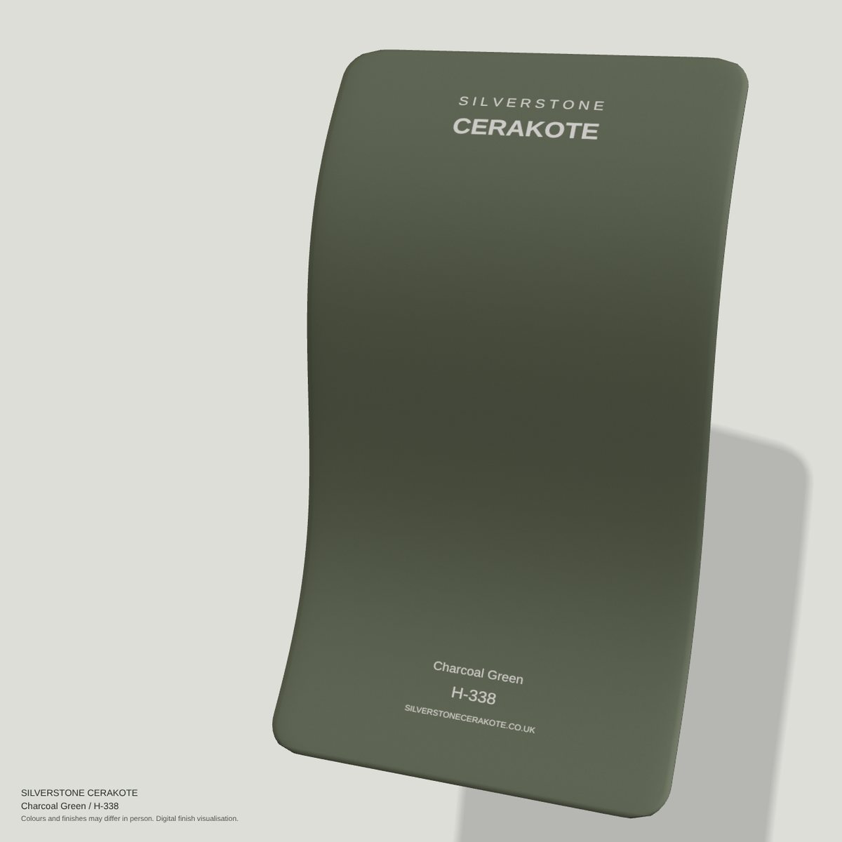 Charcoal Green H-338 Cerakote finish on a Silverstone Cerakote sample swatch (digital visualisation)