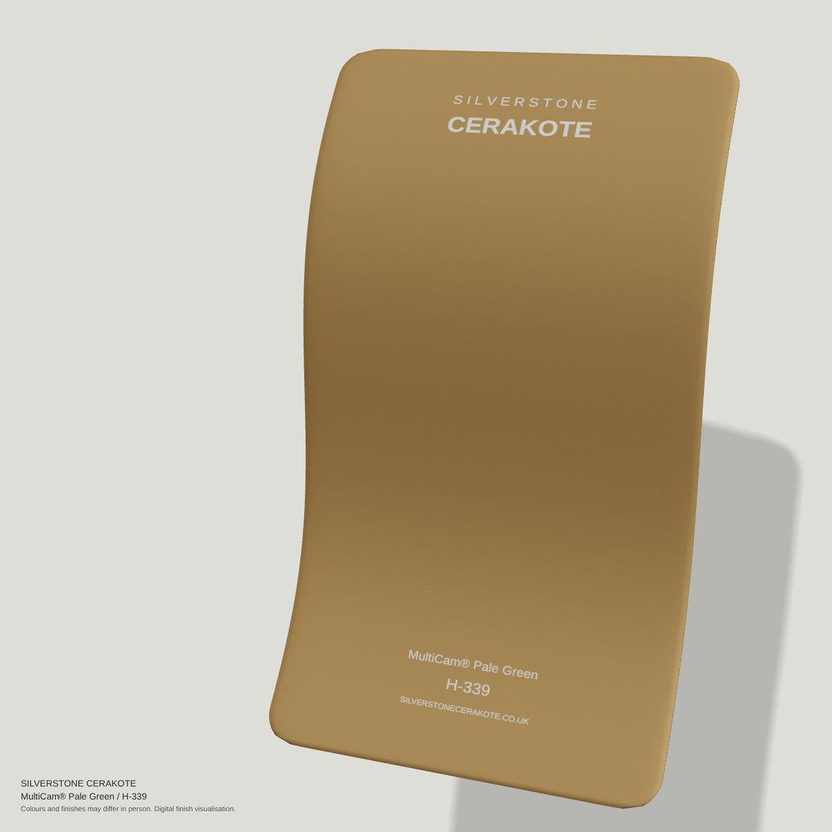 MultiCam® Pale Green H-339 Cerakote finish on a Silverstone Cerakote sample swatch (digital visualisation)