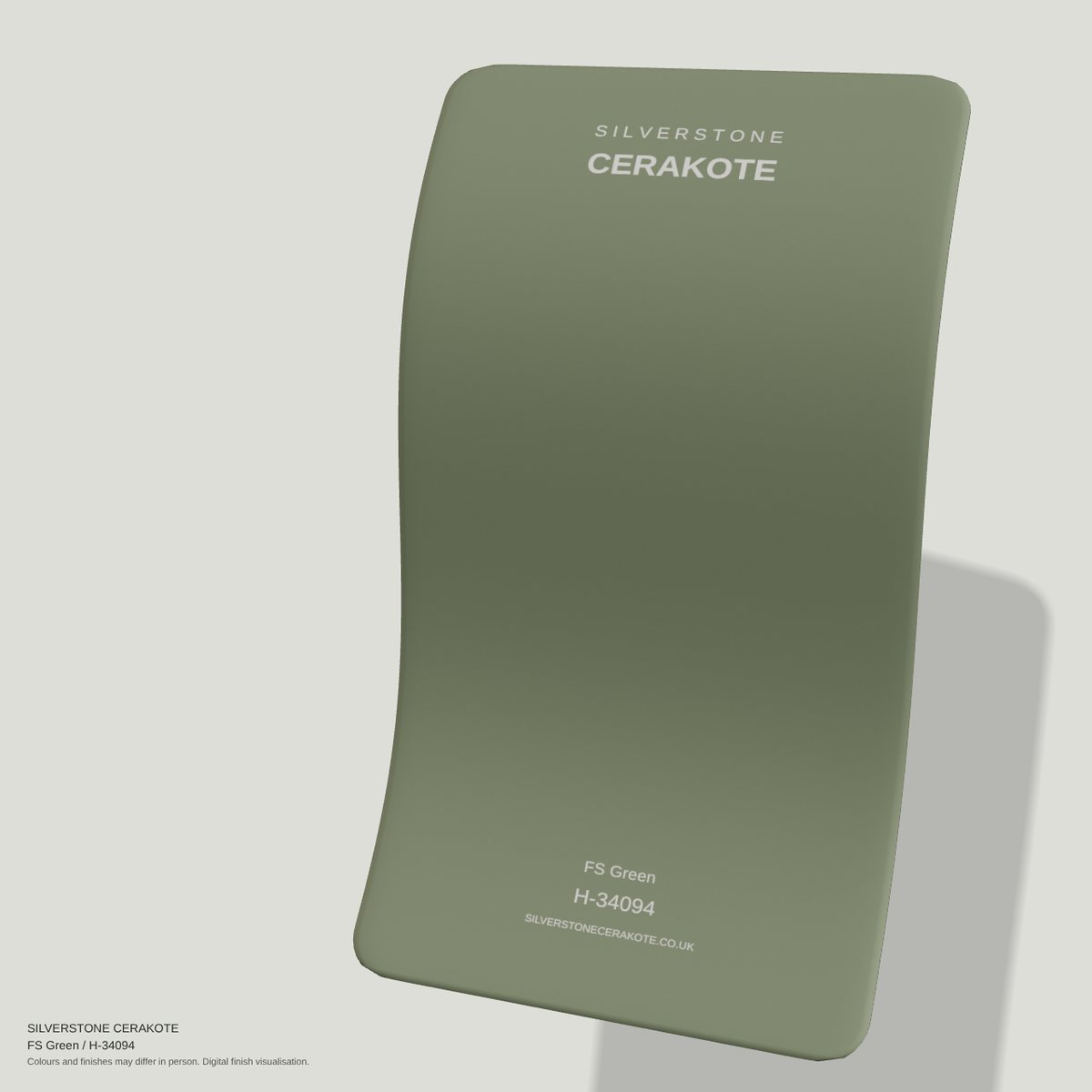 FS Green H-34094 Cerakote finish on a Silverstone Cerakote sample swatch (digital visualisation)