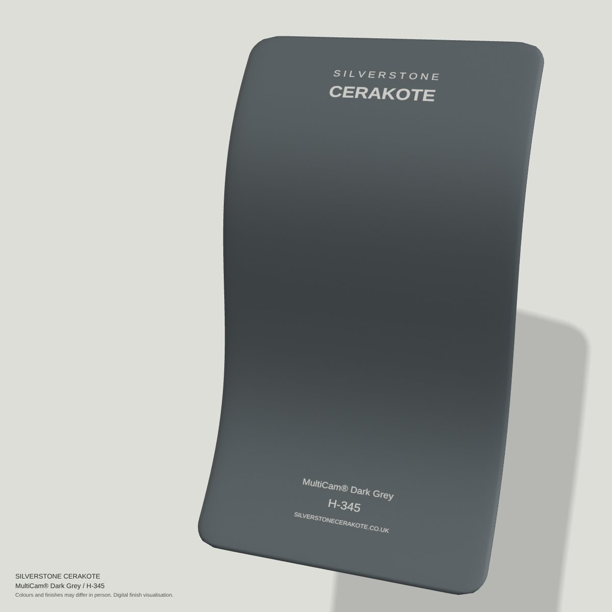 MultiCam® Dark Grey H-345 Cerakote finish on a Silverstone Cerakote sample swatch (digital visualisation)