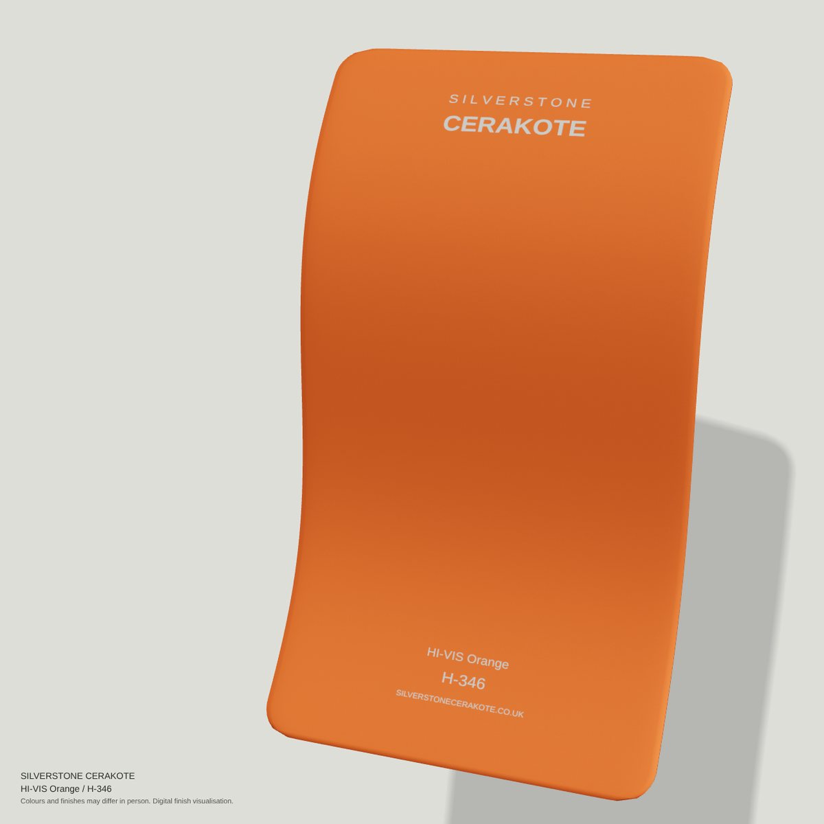 HI-VIS Orange H-346 Cerakote finish on a Silverstone Cerakote sample swatch (digital visualisation)