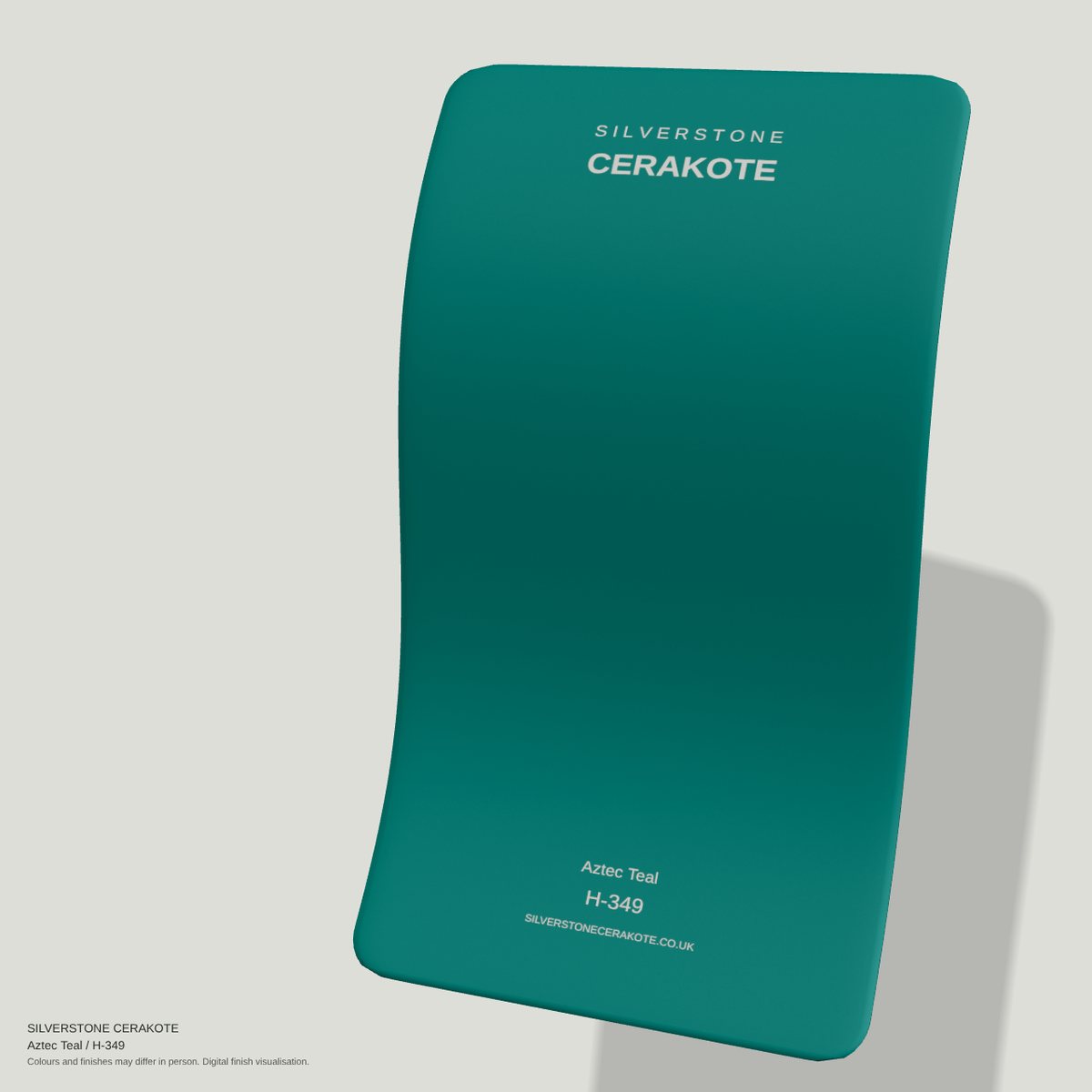 Aztec Teal H-349 Cerakote finish on a Silverstone Cerakote sample swatch (digital visualisation)