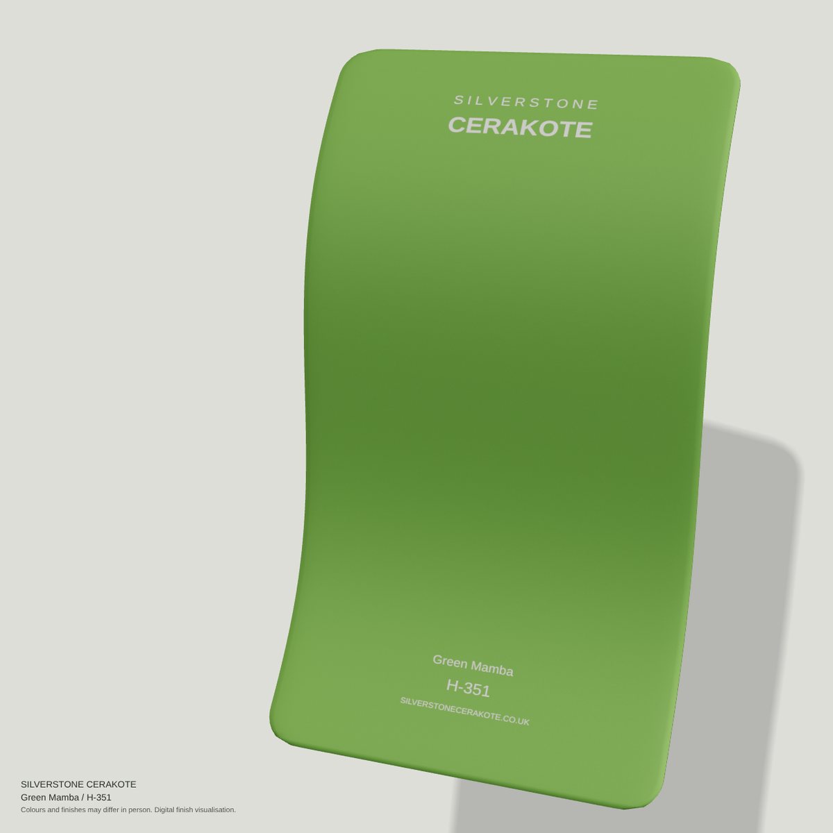 Green Mamba H-351 Cerakote finish on a Silverstone Cerakote sample swatch (digital visualisation)