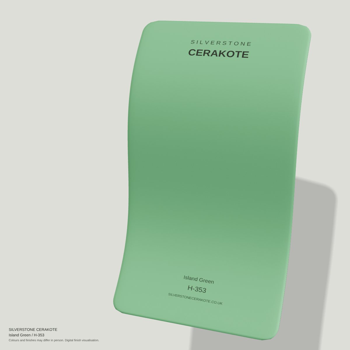 Island Green H-353 Cerakote finish on a Silverstone Cerakote sample swatch (digital visualisation)