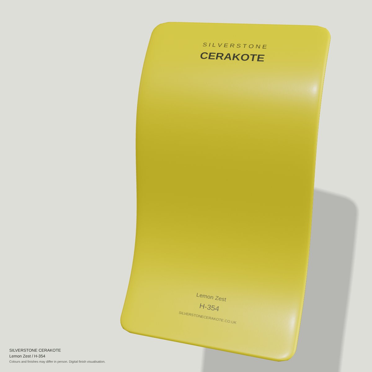 Lemon Zest H-354 Cerakote finish on a Silverstone Cerakote sample swatch (digital visualisation)