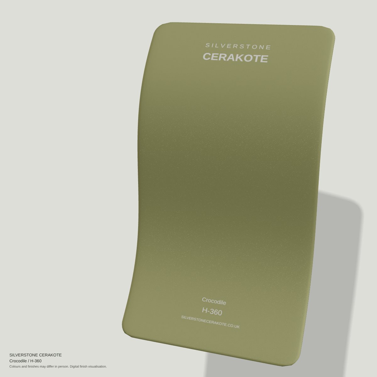 Crocodile H-360 Cerakote finish on a Silverstone Cerakote sample swatch (digital visualisation)