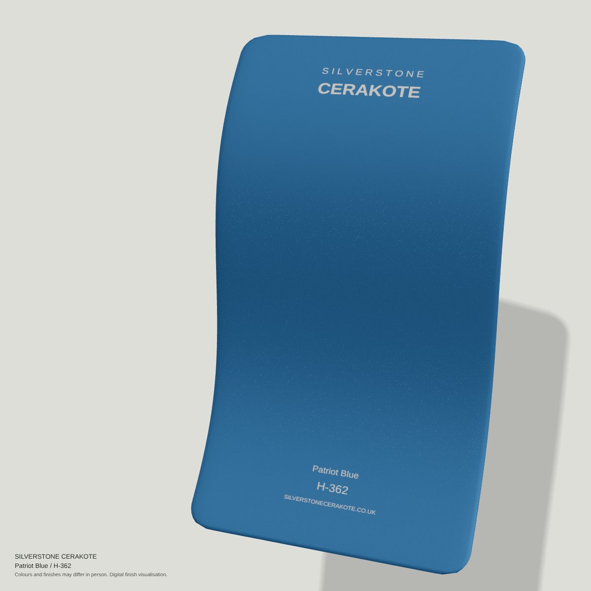 Patriot Blue H-362 Cerakote finish on a Silverstone Cerakote sample swatch (digital visualisation)