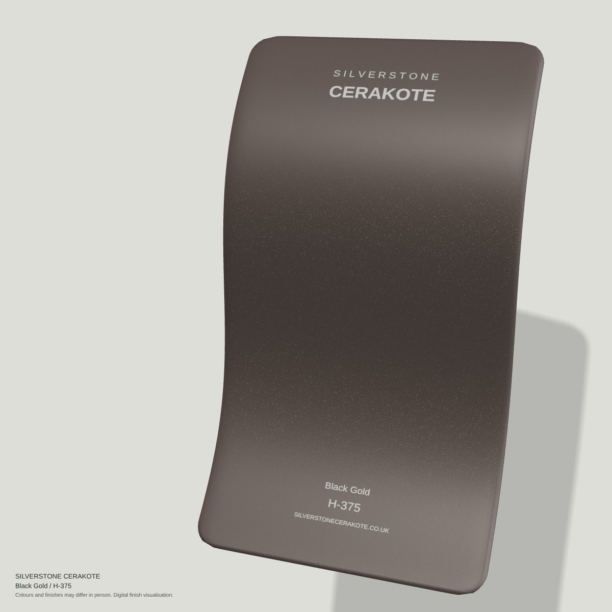 Black Gold H-375 Cerakote finish on a Silverstone Cerakote sample swatch (digital visualisation)
