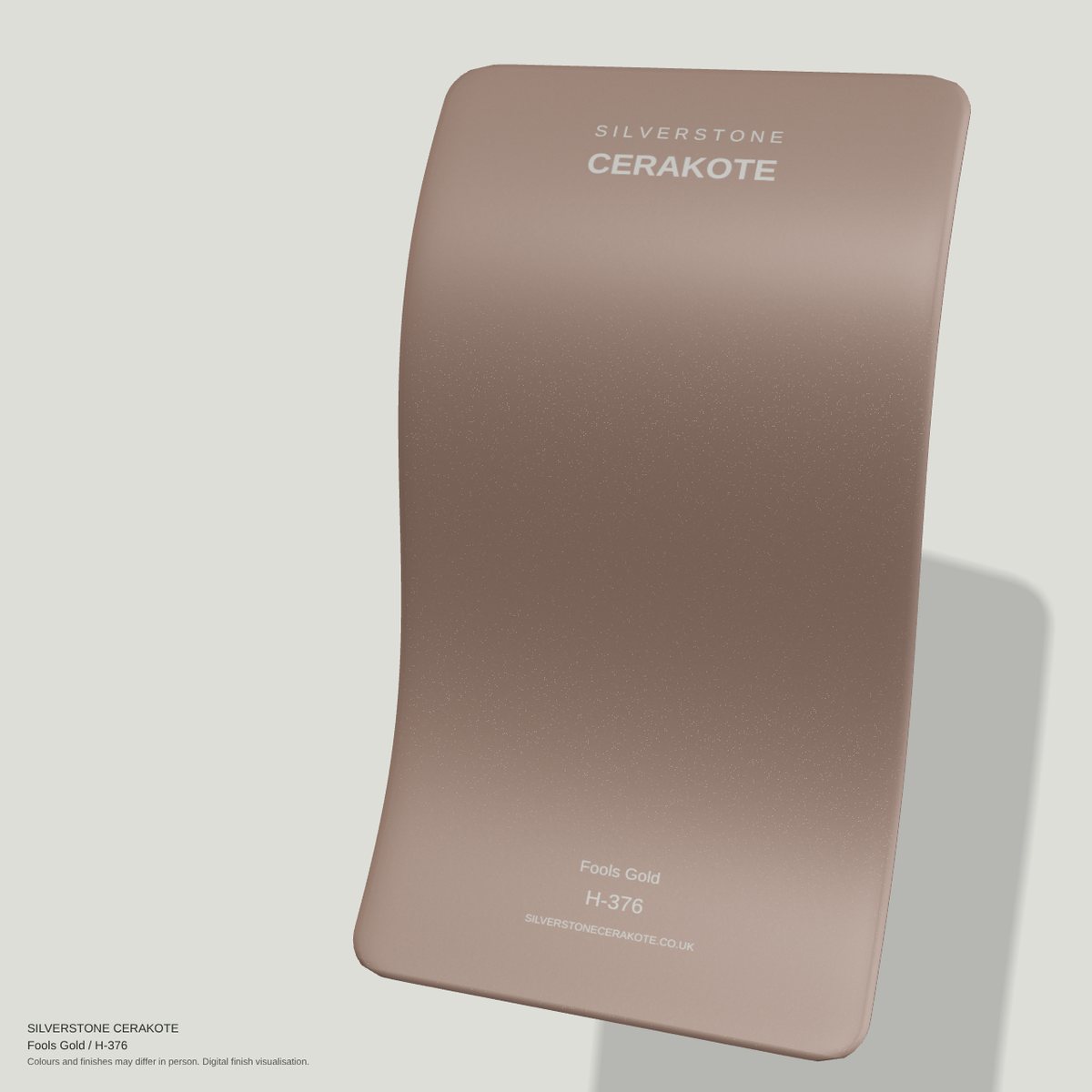 Fools Gold H-376 Cerakote finish on a Silverstone Cerakote sample swatch (digital visualisation)