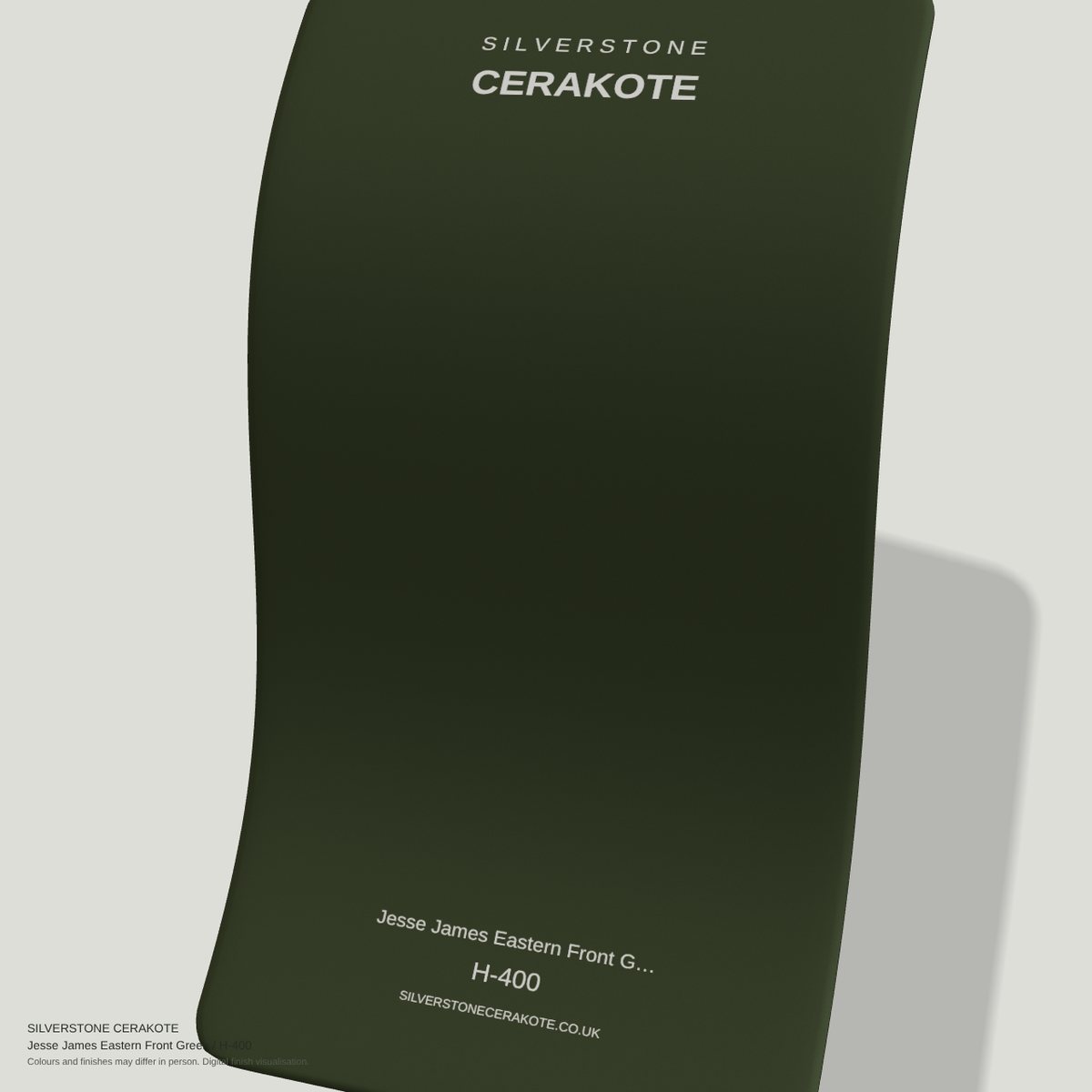 Jesse James Eastern Front Green H-400 Cerakote finish on a Silverstone Cerakote sample swatch (digital visualisation)
