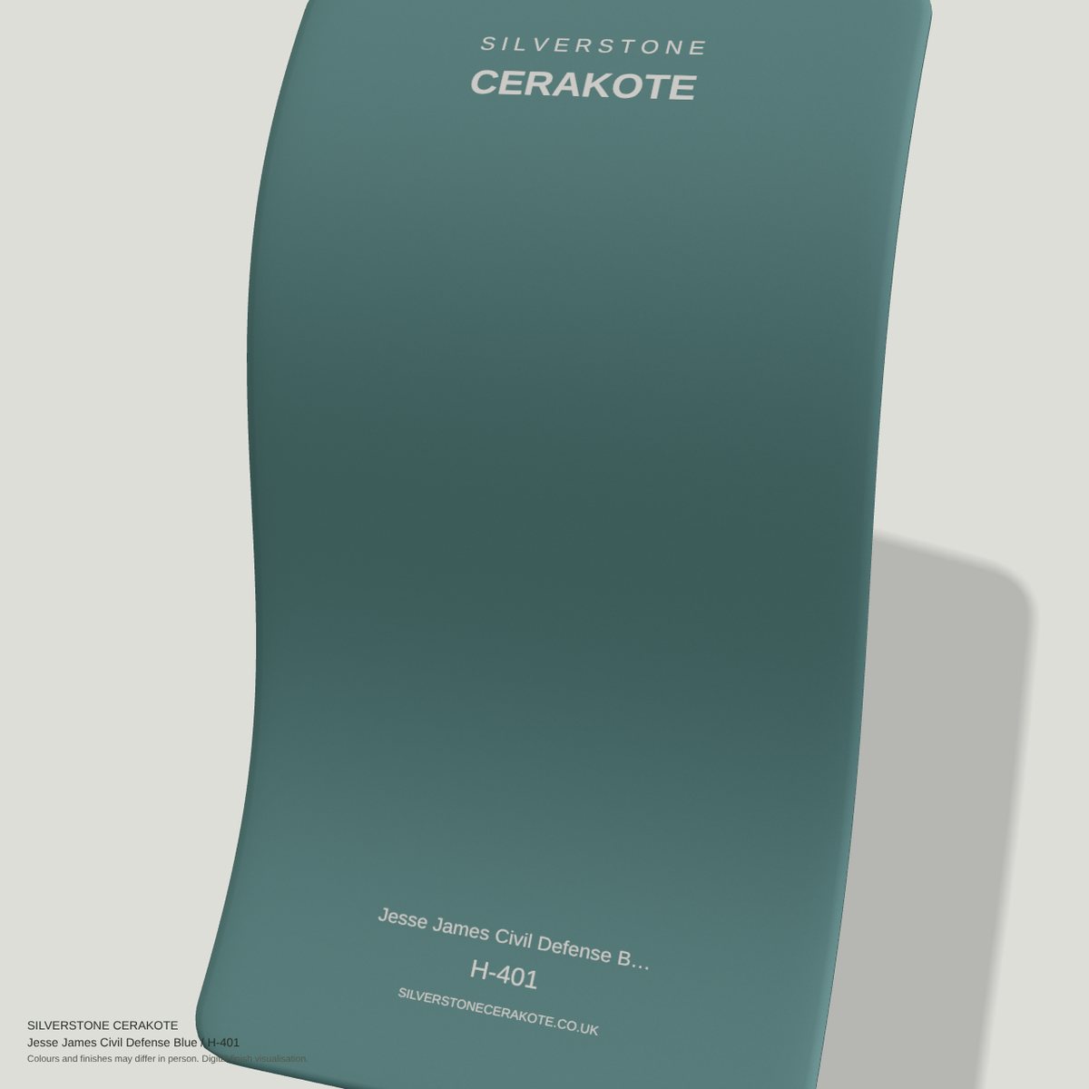 Jesse James Civil Defense Blue H-401 Cerakote finish on a Silverstone Cerakote sample swatch (digital visualisation)