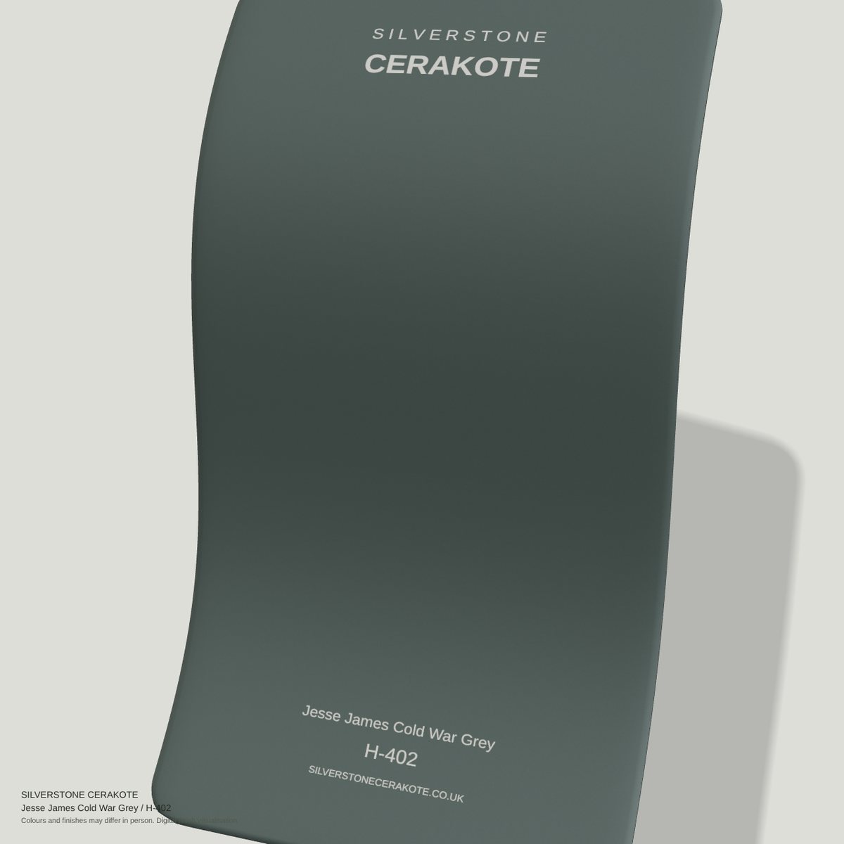 Jesse James Cold War Grey H-402 Cerakote finish on a Silverstone Cerakote sample swatch (digital visualisation)