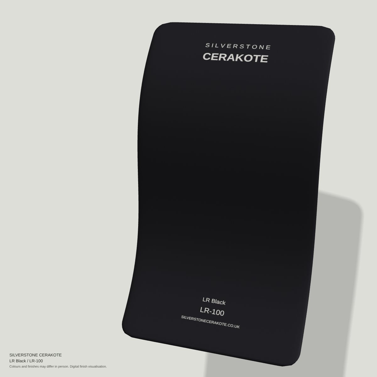 LR Black LR-100 Cerakote finish on a Silverstone Cerakote sample swatch (digital visualisation)