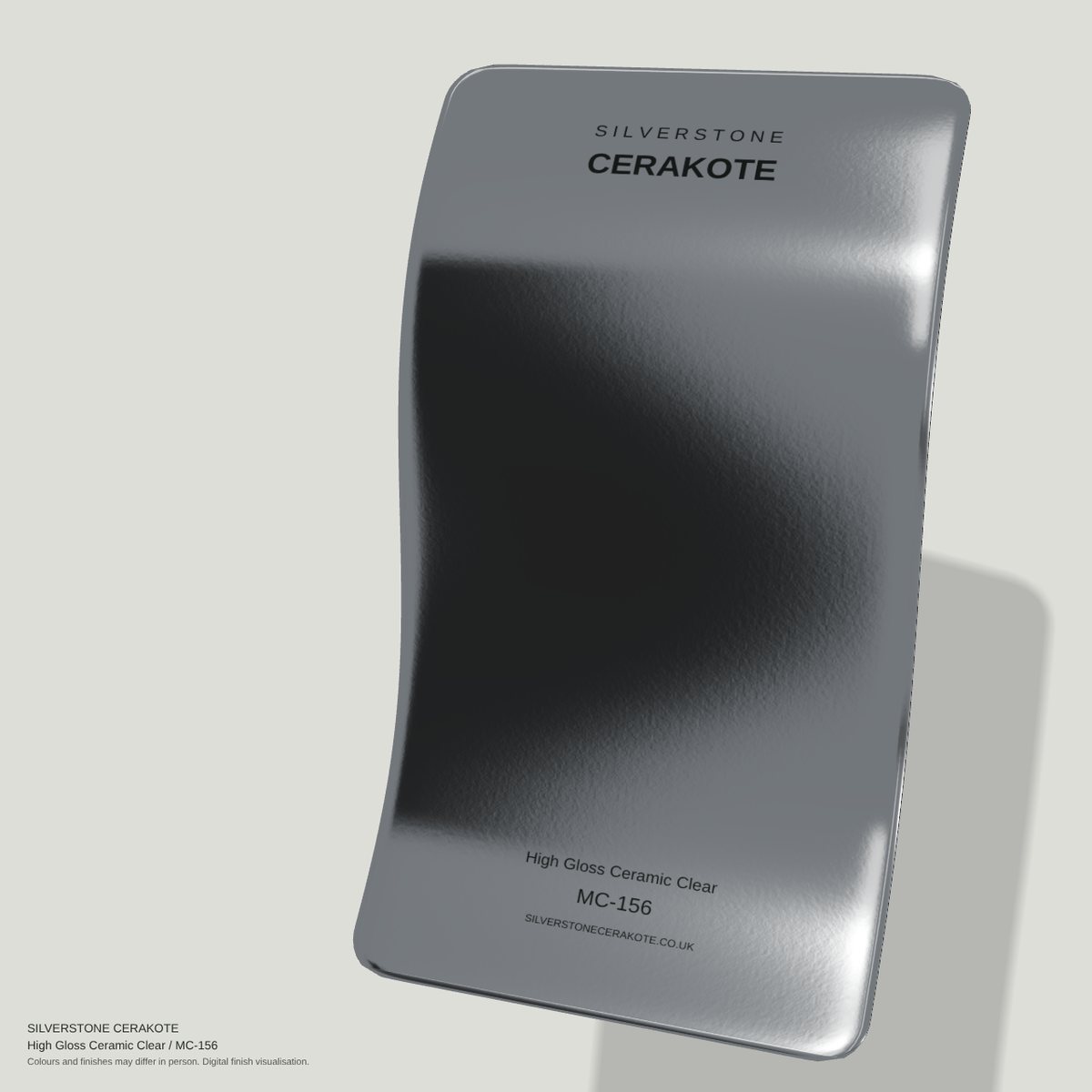 High Gloss Ceramic Clear MC-156 Cerakote finish on a Silverstone Cerakote sample swatch (digital visualisation)