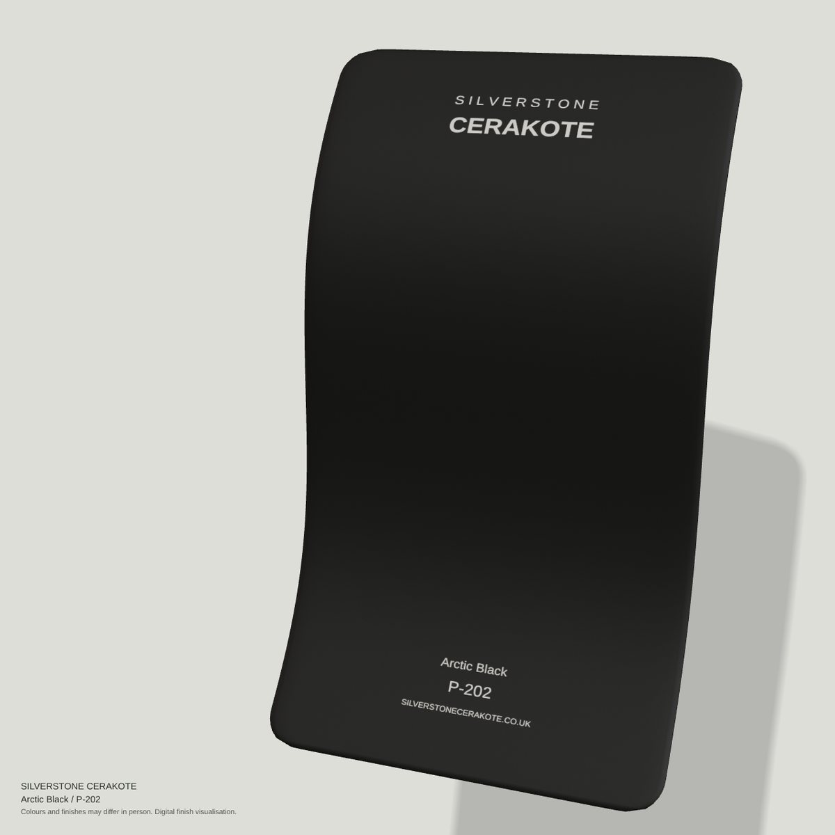Arctic Black P-202 Cerakote finish on a Silverstone Cerakote sample swatch (digital visualisation)