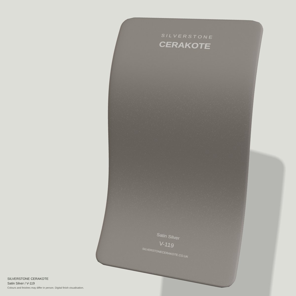 Satin Silver V-119 Cerakote finish on a Silverstone Cerakote sample swatch (digital visualisation)
