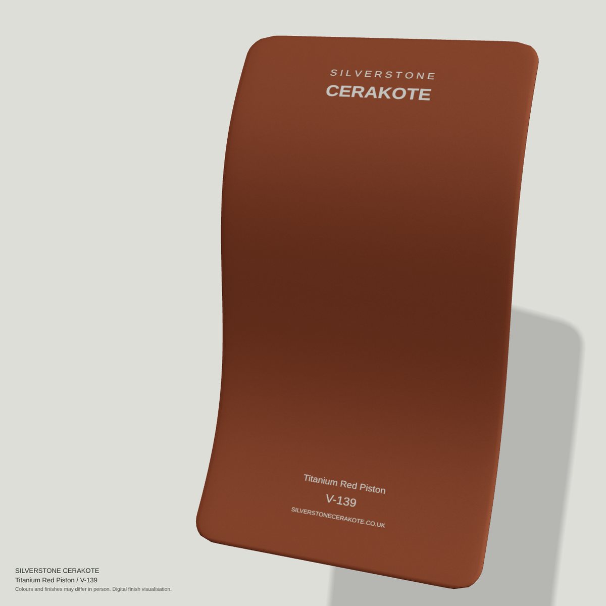 Titanium Red Piston V-139 Cerakote finish on a Silverstone Cerakote sample swatch (digital visualisation)