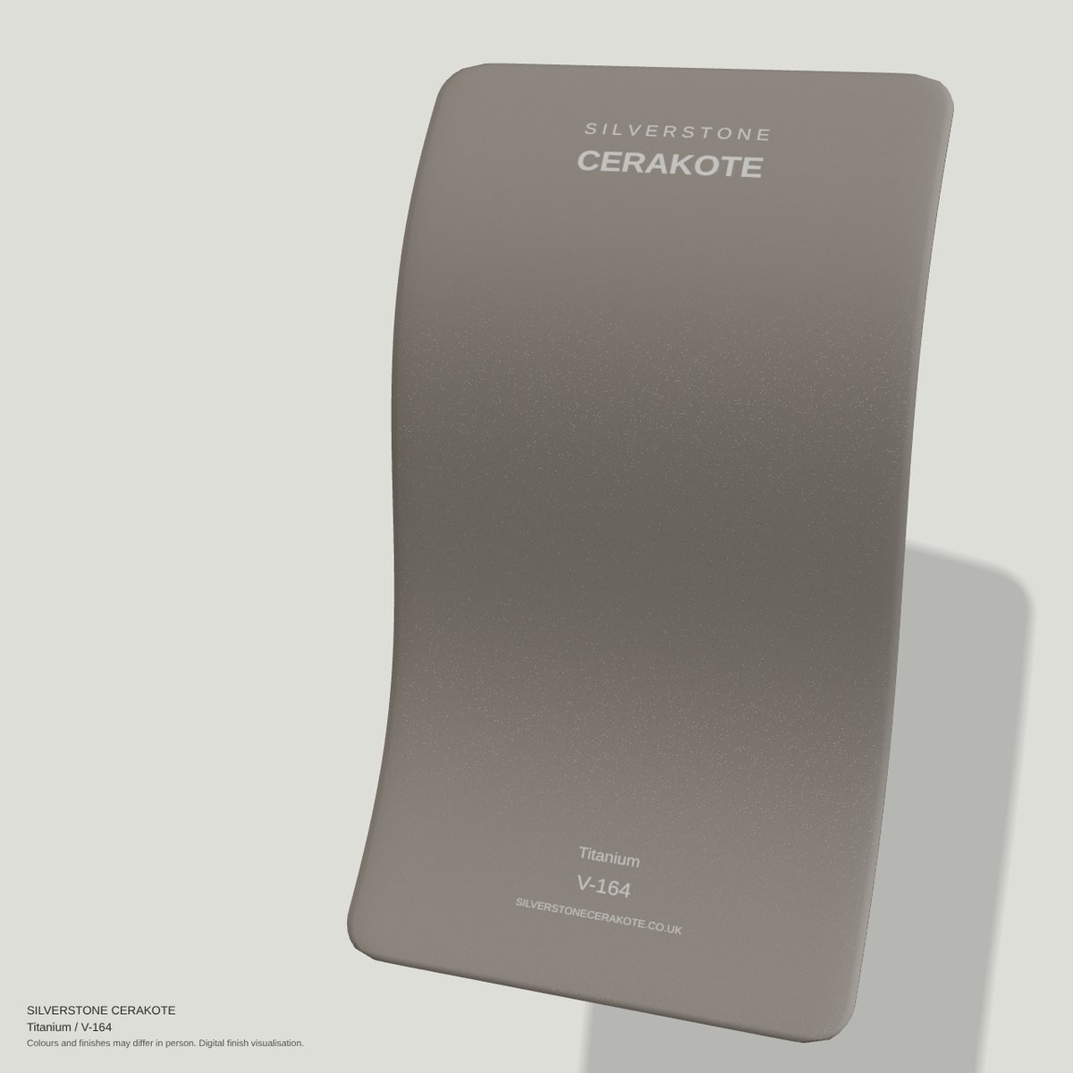Titanium V-164 Cerakote finish on a Silverstone Cerakote sample swatch (digital visualisation)