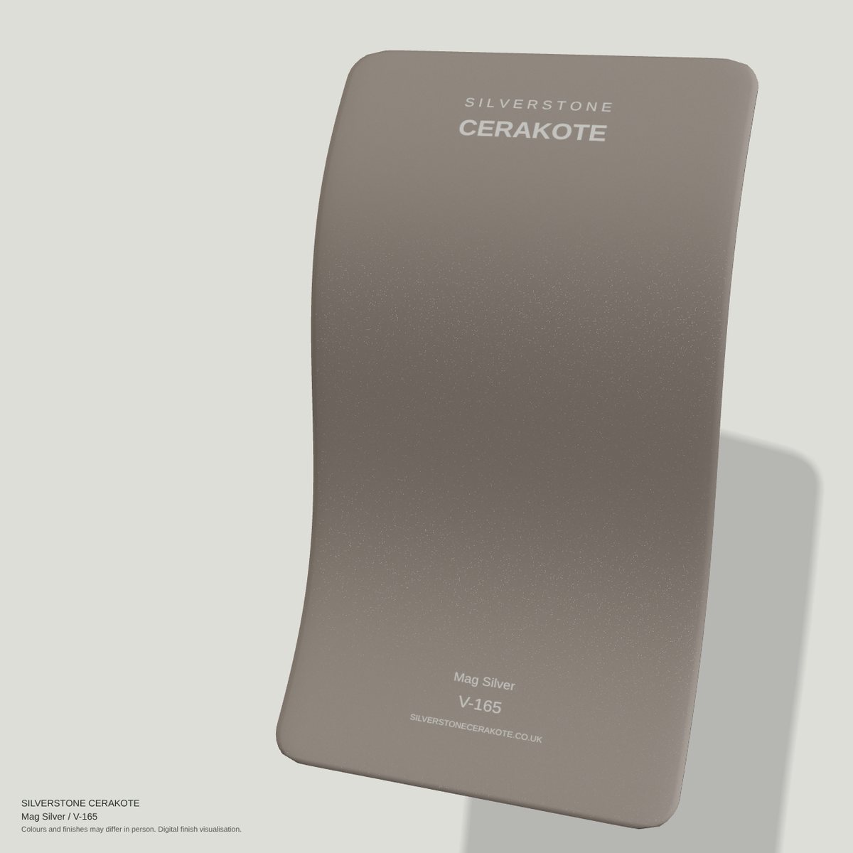 Mag Silver V-165 Cerakote finish on a Silverstone Cerakote sample swatch (digital visualisation)