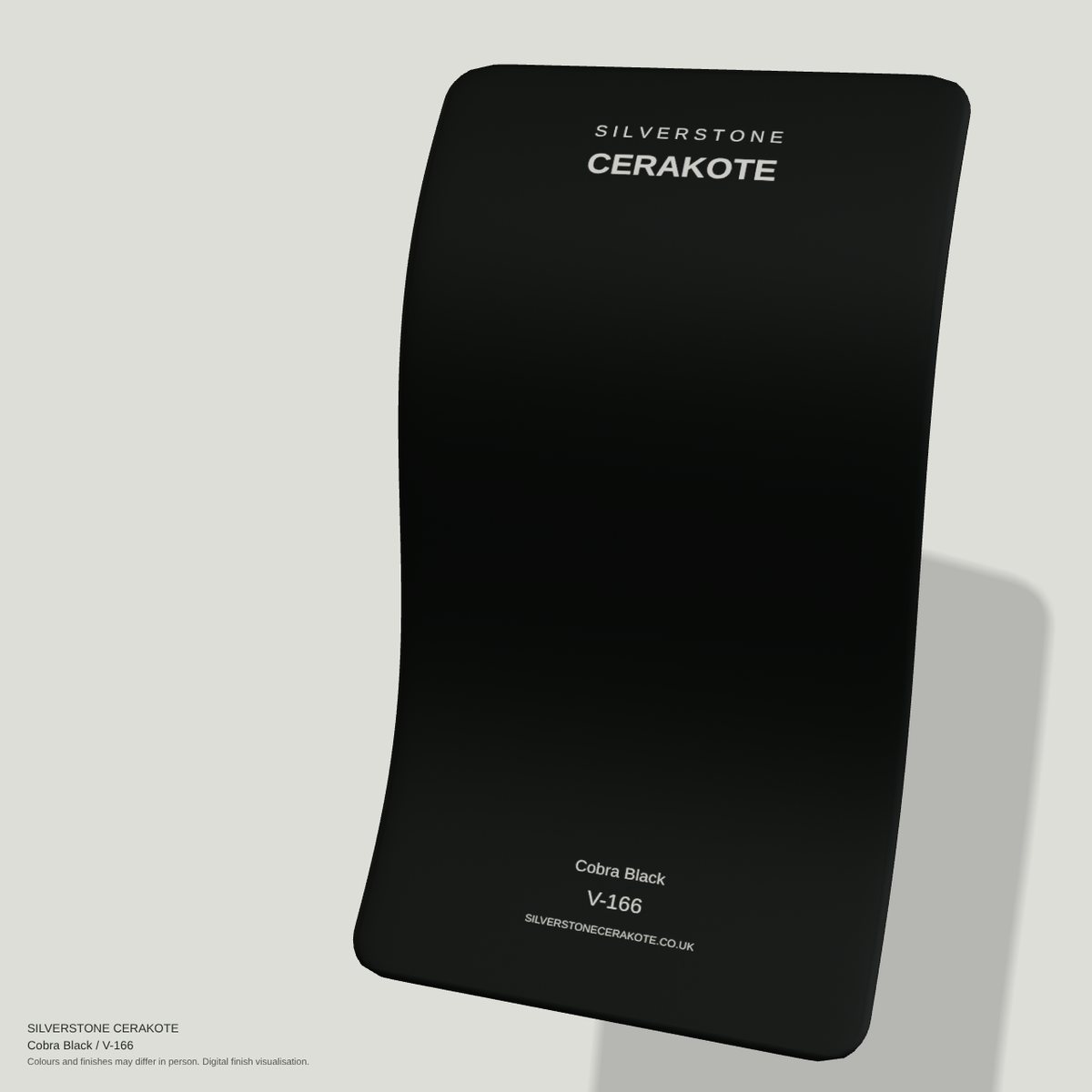 Cobra Black V-166 Cerakote finish on a Silverstone Cerakote sample swatch (digital visualisation)