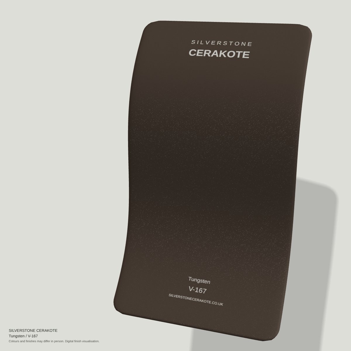 Tungsten V-167 Cerakote finish on a Silverstone Cerakote sample swatch (digital visualisation)
