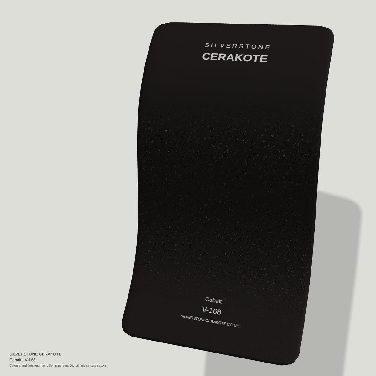 Cobalt V-168 Cerakote finish on a Silverstone Cerakote sample swatch (digital visualisation)