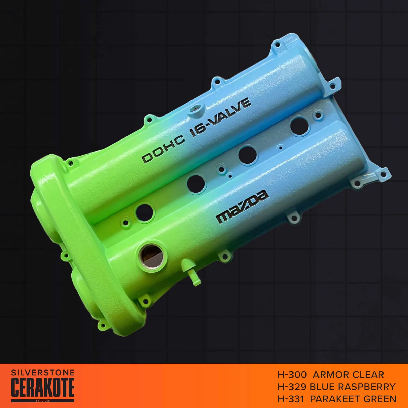 Mazda MX-5 cam cover with a blue to green fade